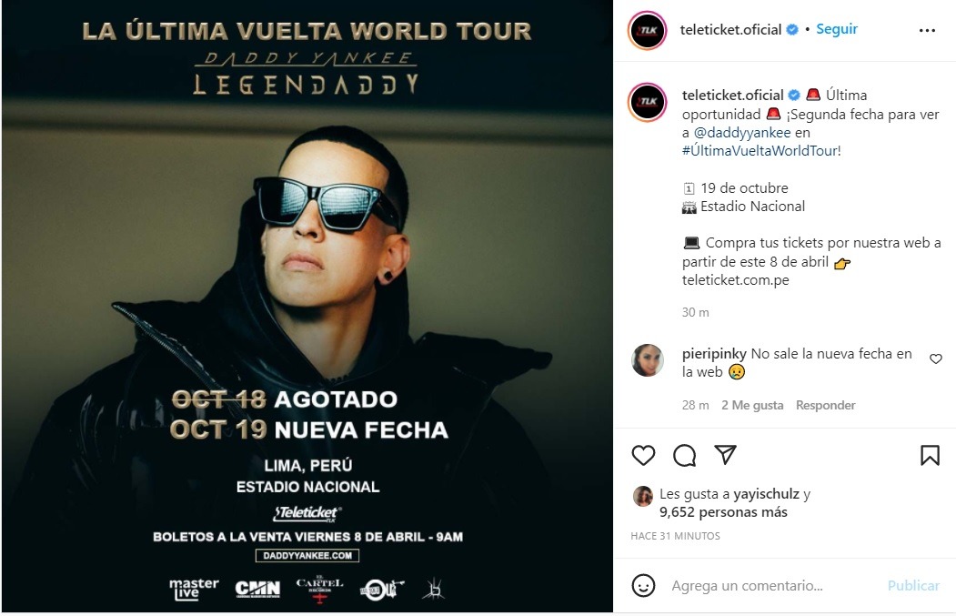 Daddy Yankee dará segundo concierto en Lima Conoce aquí la nueva fecha