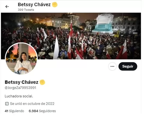 Abogado de Betssy Chávez niega que la exjefa del gabinete administre esta cuenta en Twitter - Foto: Captura Twitter