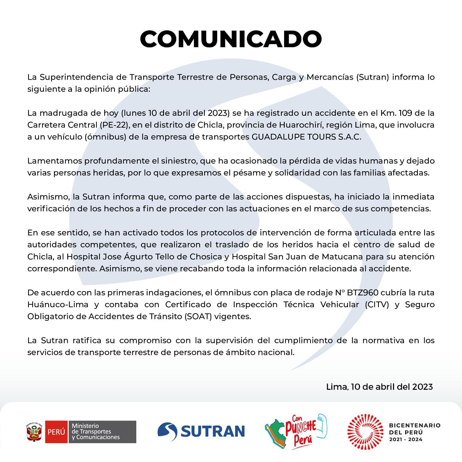 Comunicado de Sutran sobre el accidente / Fuente: Sutran