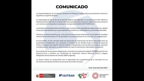 Comunicado de Sutran sobre el accidente / Fuente: Sutran