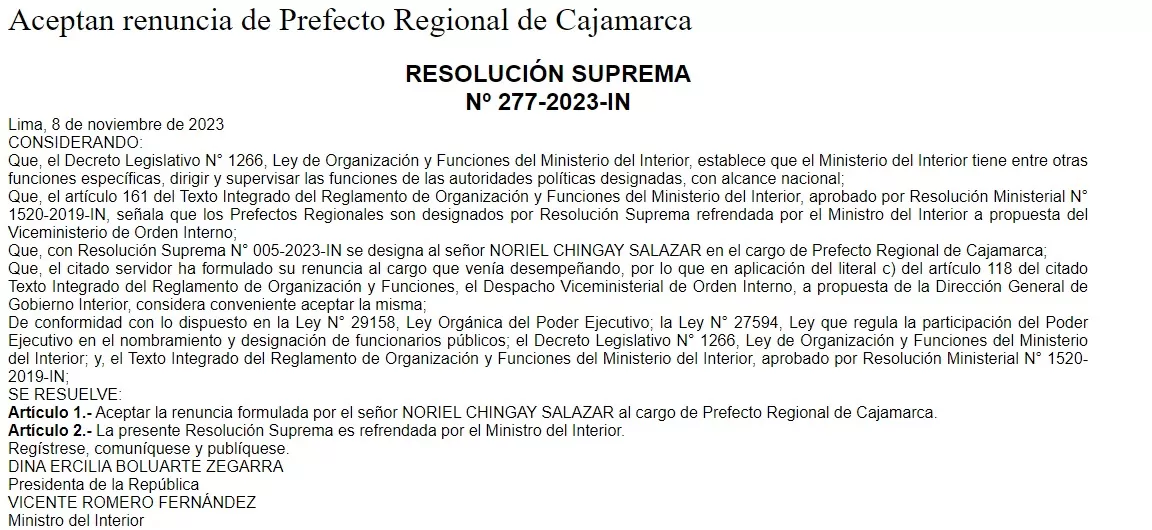 Aceptan renuncia del prefecto de Cajamarca