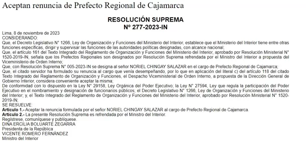 Aceptan renuncia del prefecto de Cajamarca