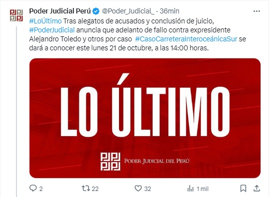 Adelanto de fallo contra Alejandro Toledo será el 21 de octubre