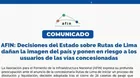 AFIN: Liquidación de Rutas de Lima daña la imagen del Perú