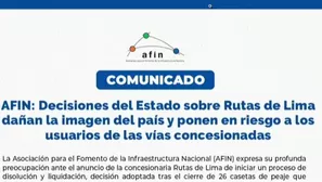 AFIN cuestionó que las decisiones del Estado dañan la imagen del Perú y afectan a los usuarios de las vías concesionadas tras la disolución anunciada por Rutas de Lima. Video: Canal N