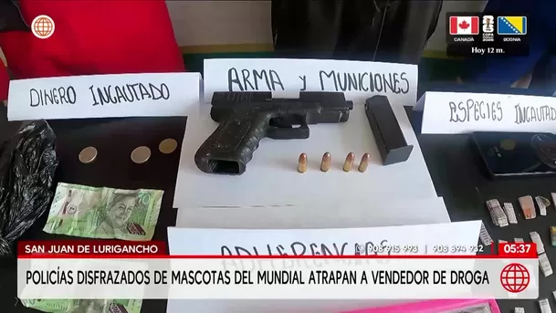 Policías disfrazados de mascotas del Mundial atrapan a vendedor de droga en San Juan de Lurigancho. Foto: América Noticias Policías disfrazados de mascotas del Mundial atrapan a vendedor de droga en San Juan de Lurigancho. Foto: América Noticias