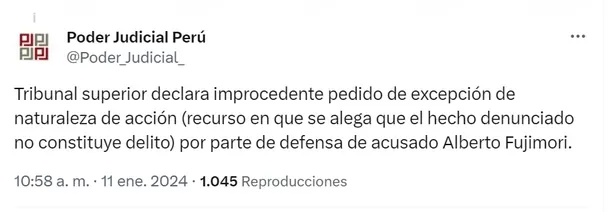 Poder Judicial rechazó pedido de excepción de Alberto Fujimori en el caso Pativilca - Foto: PJ