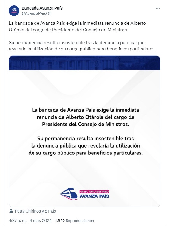 Alberto Otárola: Bancada de Avanza País exige la renuncia del jefe del gabinete