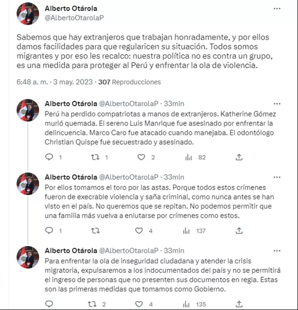 Publicaciones realizadas por el Premier Otárola en sus redes sociales / Twitter: Alberto Otárola