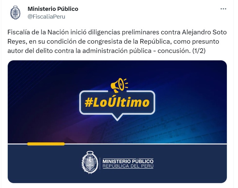 Alejandro Soto: Inician diligencias preliminares contra el presidente del Congreso por presunto delito de concusión