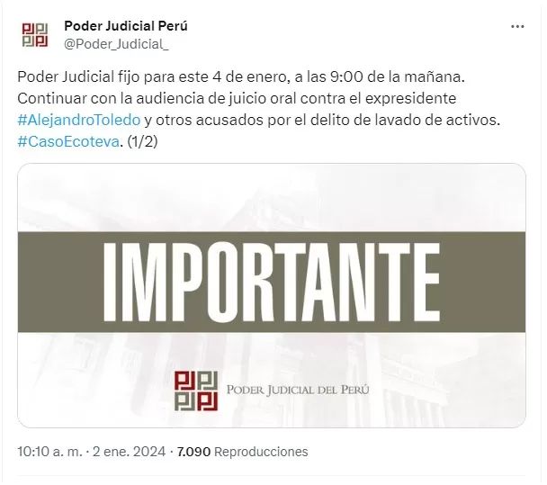 Poder Judicial informó que juicio contra Alejandro Toledo continuará este jueves - Foto: PJ