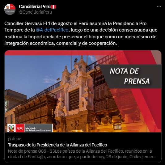 Alianza del Pacífico: Canciller Gervasi anunció que Perú asumirá presidencia pro tempore desde el 1 de agosto