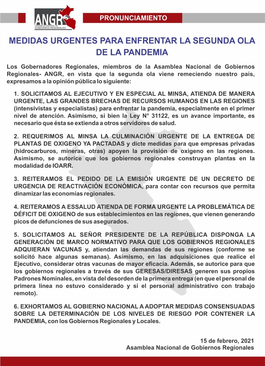 ANGR pide a Sagasti autorización para que gobiernos regionales compren vacunas