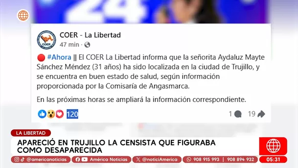 Aparece en Trujillo censista reportada como desaparecida. Foto: América Noticias