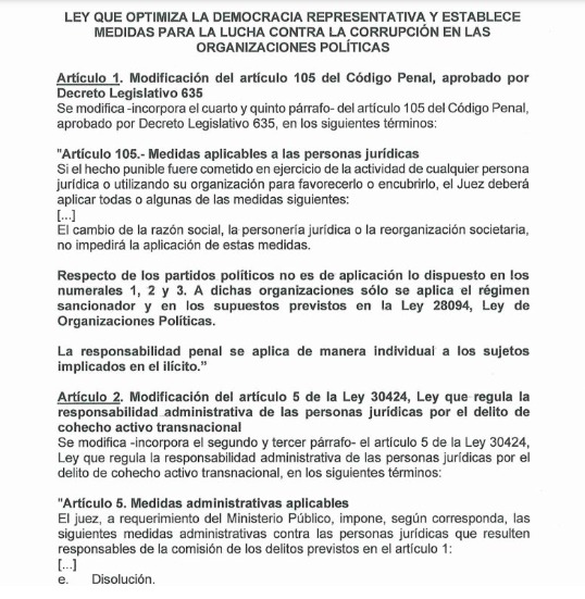 Aprueban ley que excluye a partidos políticos de responsabilidad penal