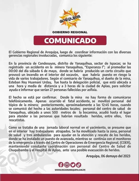 Comunicado emitido desde el GORE Arequipa / Fuente: Gobierno Regional de Arequipa