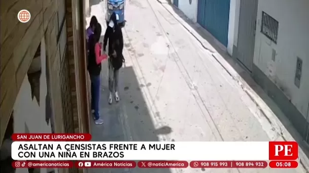 Asaltan a censistas frente a madre con niña en brazos en San Juan de Lurigancho. Foto: América Noticias Asaltan a censistas frente a madre con niña en brazos en San Juan de Lurigancho. Foto: América Noticias