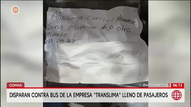 Sujeto dispara contra bus de empresa Translima repleto de pasajeros en Comas/ América Noticias