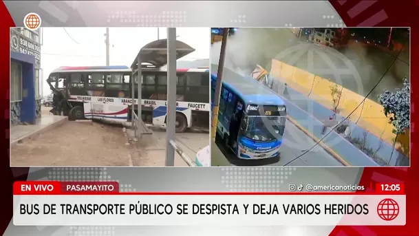 Autobús se despista y choca contra muros en la vía Pasamayito. Foto: América Noticias Autobús se despista y choca contra muros en la vía Pasamayito. Foto: América Noticias