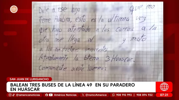 Balean tres buses de la línea 49 en su paradero en Huáscar en San Juan de Lurigancho. Foto: América Noticias