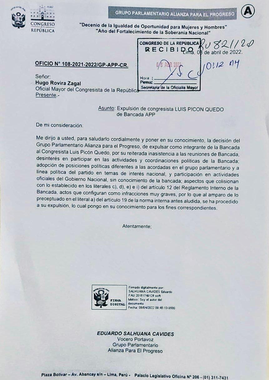 Bancada de Alianza para el Progreso expulsa a Luis Picón de su grupo parlamentario 