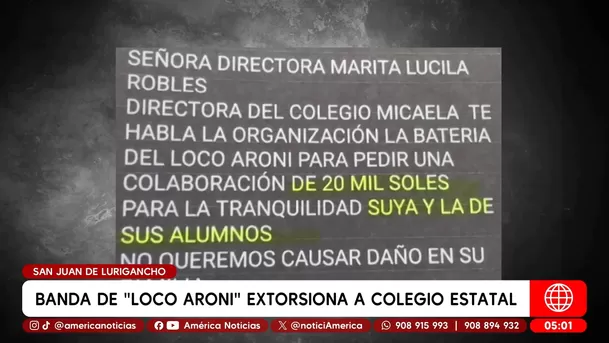 Banda extorsiona colegio en San Juan de Lurigancho. Foto: América Noticias