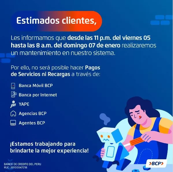 BCP anuncia mantenimiento de algunos servicios