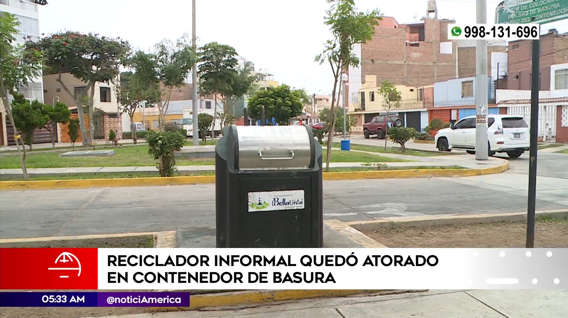 Reciclador quedó atorado en contenedor de basura en Bellavista. Foto: América Noticias
