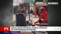 Reciclador quedó atorado en contenedor de basura en Bellavista. Foto y video: América Noticias