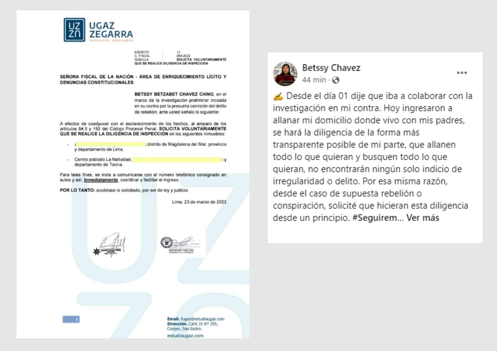 Betssy Chávez tras allanamiento: No encontrarán ningún indicio de irregularidad o delito