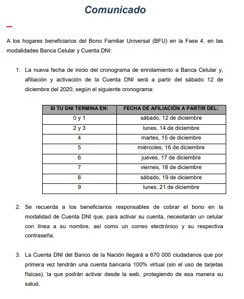 Bono Universal: Fijan nuevo cronograma de pago para beneficiarios de Banca Celular y Cuenta DNI