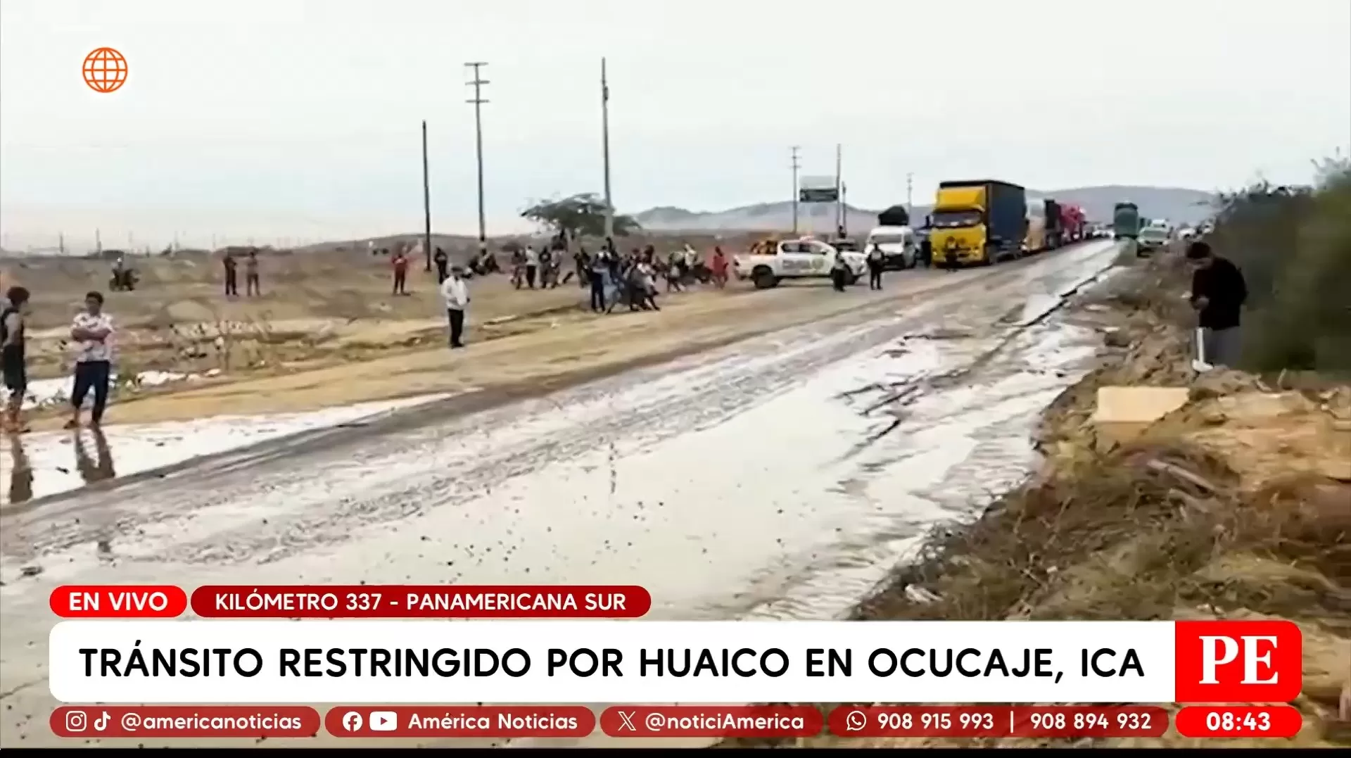 Bus interprovincial quedó atascado en Panamericana Sur tras huaico en Ica. Foto: América Noticias Bus interprovincial quedó atascado en Panamericana Sur tras huaico en Ica. Foto: América Noticias