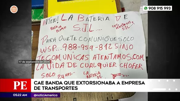 Cae banda que extorsionaba a empresa de transportes en San Juan de Lurigancho. Foto: América Noticias