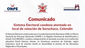 Comunicado del Sistema Electoral que condena atentado en local de votación en Sorochuco, provincia de Celendín, en Cajamarca. Imagen: X/@JNE_Peru. Video: Canal N