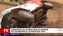 El auto de Fernanda Kanno volcó pero tras ser ayudada por los espectadores continuó en ruta. Foto: América TV