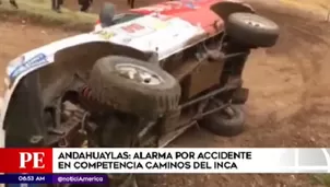 El auto de Fernanda Kanno volcó pero tras ser ayudada por los espectadores continuó en ruta. Foto: América TV