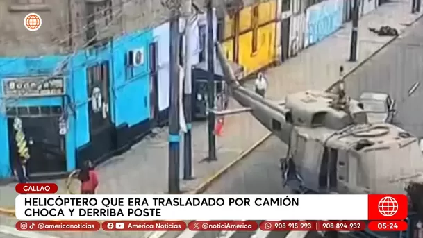 Camión con helicóptero choca y derriba poste en el Callao. Foto: América Noticias