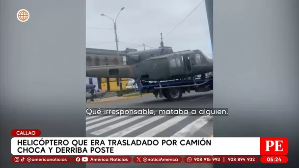Camión con helicóptero choca y derriba poste en el Callao. Foto: América Noticias