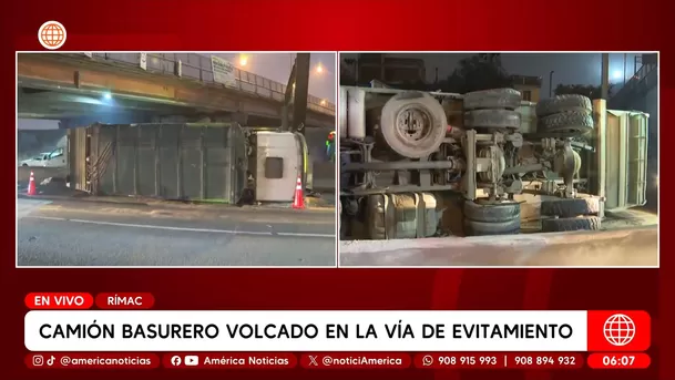 Camión basurero volcado en la Vía de Evitamiento en el Rímac. Foto: América Noticias