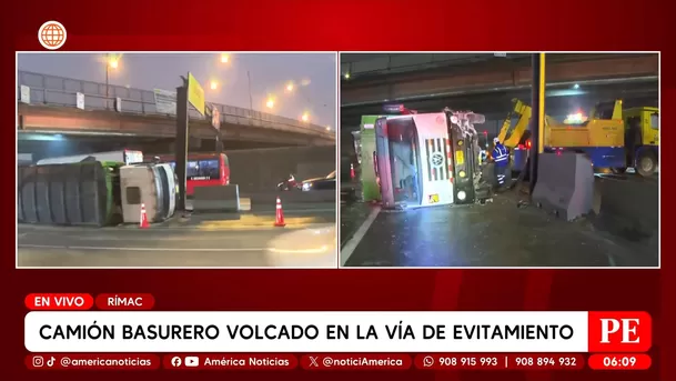 Camión basurero volcado en la Vía de Evitamiento en el Rímac. Foto: América Noticias