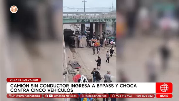 Camión sin conductor ingresa a bypass y chica contra cinco vehículos en Villa El Salvador. Foto: América Noticias