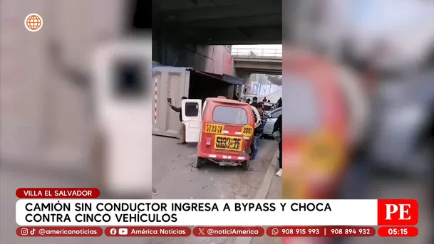 Camión sin conductor ingresa a bypass y chica contra cinco vehículos en Villa El Salvador. Foto: América Noticias