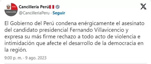 Cancillería peruana condenó asesinato de candidato presidencial en Ecuador