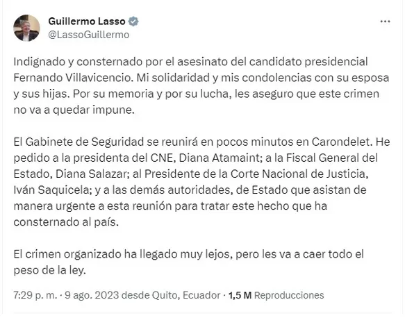 Cancillería peruana condenó asesinato de candidato presidencial en Ecuador