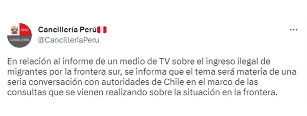 Este fue el tweet que la Cancillería del Perú emitió luego de conocerse el reportaje / Fuente: Twitter Cancillería