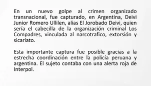 Mininter confirmó que Deivi Junior Romero Ullilen, alias ‘Jorobado Deivi’, fue detenido en Argentina por su presunta participación en la organización criminal ‘Los Compadres’. Foto: Mininter. Video: Canal N