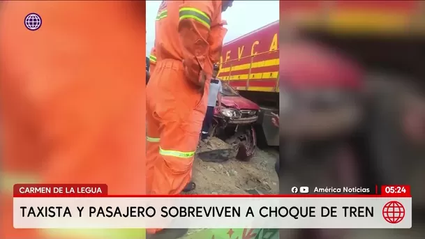 Taxista y pasajero sobreviven a choque con tren en Carmen de La Legua. Foto: América Noticias Taxista y pasajero sobreviven a choque con tren en Carmen de La Legua. Foto: América Noticias