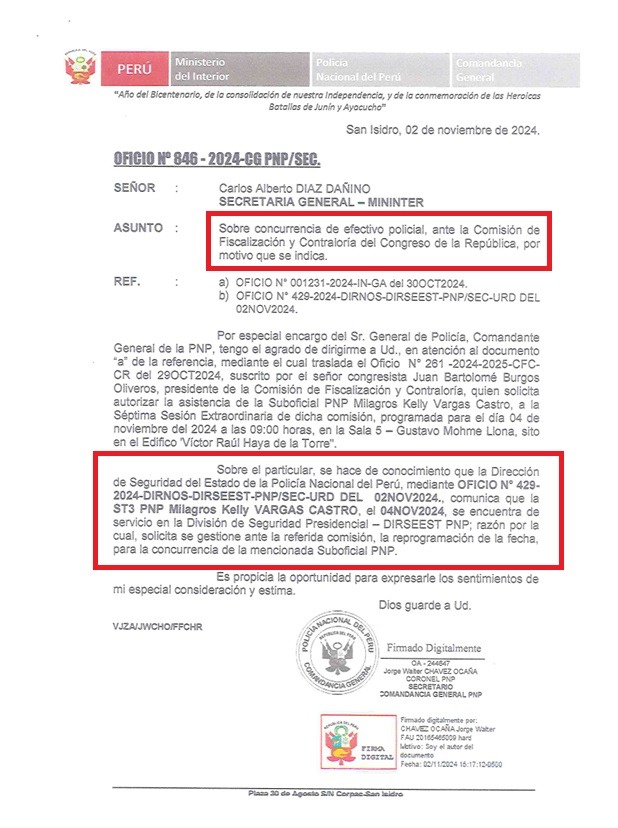 Caso 'cofre': PNP pide reprogramar cita de escolta presidencial