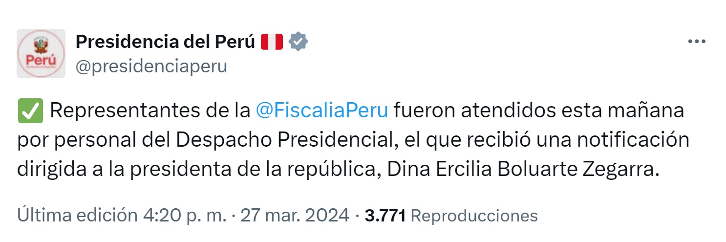 Caso Rolex: Presidencia aseguró que fiscales fueron atendidos por personal del despacho de Dina Boluarte