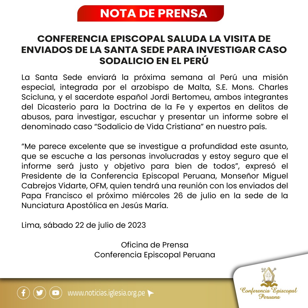 Conferencia Episcopal saluda la visita de enviados de la Santa Sede por el caso Sodalicio